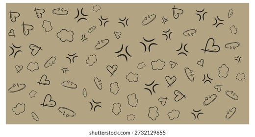 Seamless pattern features sketchy black icons like hearts clouds star halos and anger marks on a solid tan background.