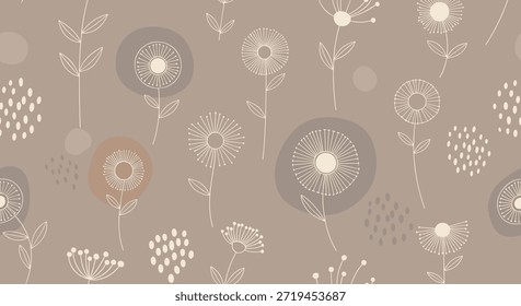 Patrón sin fisuras presenta dientes de león estilizados y puntos en colores neutros suaves para un Fondo de pantalla botánico o diseño de tela calmante y moderno.