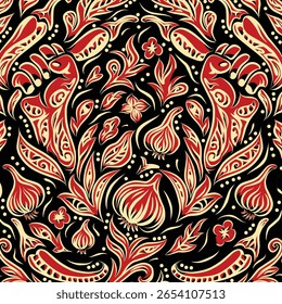 A seamless pattern features stylized red and gold floral and bulbous motifs on a black background.  The design is intricate and symmetrical, creating a rich,...