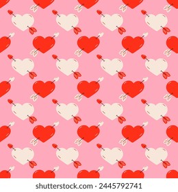 Seamless pattern features stylized white and red hearts pierced by arrows. Ideal design for a love and Valentines Day sentiments, festive decoration or thematic backgrounds. Hand-drawn doodle style.