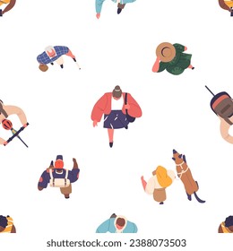 Seamless Pattern Features Top-view Of Characters In Various Activities, Creating A Vibrant And Dynamic Design