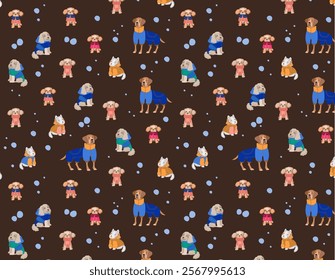 seamless pattern features various dog breeds in winter clothes. dogs are dressed in sweaters and snowsuits,  pet-related products and winter themes.  Flat vector illustration 