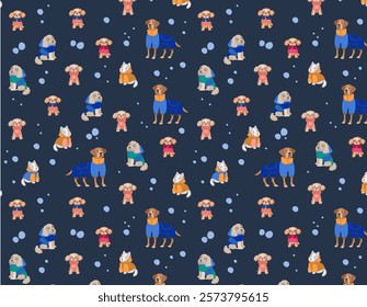 seamless pattern features various dog breeds in winter clothes. dogs are dressed in sweaters and snowsuits,  pet-related products and winter themes.  Flat vector illustration 