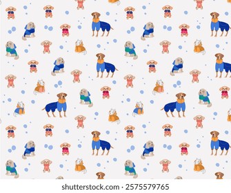 seamless pattern features various dog breeds in winter clothes. dogs are dressed in sweaters and snowsuits,  pet-related products and winter themes.  Flat vector illustration 