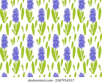 seamless pattern features vibrant blue hyacinths and lush green leaves on a white background. Ideal for textiles, wallpapers, gift wrap, and spring-themed designs.