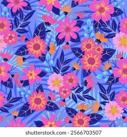 seamless pattern features vibrant, colorful flowers and leaves in shades of blue, pink, orange, and yellow, creating a tropical and exotic botanical design