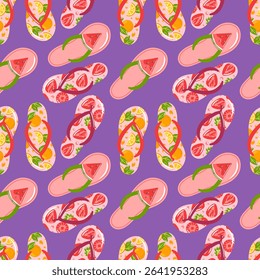 seamless pattern features vibrant flip-flops adorned with playful designs of watermelon, strawberry, and orange. Perfect for capturing the essence of summer fun and warmth in any creative project.