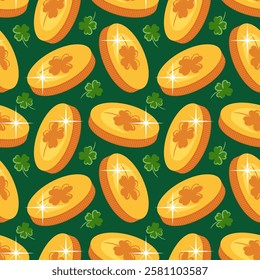 seamless pattern features vibrant leprechaun gold coins intertwined with delicate four leaf clovers, creating a playful and festive design perfect for St. Patricks Day celebrations and themed projects