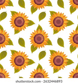 seamless pattern features vibrant sunflowers in full bloom, showcasing their cheerful yellow petals against . The design captures the essence of summer, bringing joy and brightness to any project.