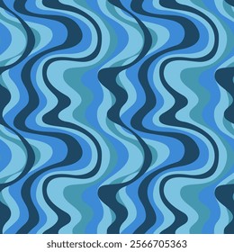 seamless pattern features wavy, flowing lines in various shades of blue, creating an abstract, fluid design reminiscent of ocean waves