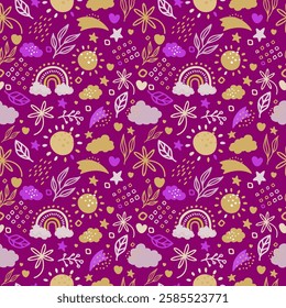 seamless pattern features a whimsical and colorful design with elements like stars, suns, moons, clouds, rainbows, leaves, flowers, and hearts on a purple background