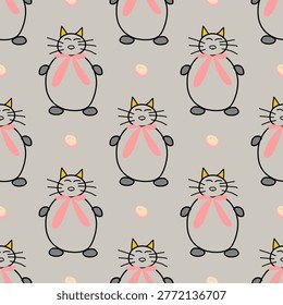 seamless pattern features whimsical rotund cat repeated symmetrical grid  illustration minimalist kawaii doodle style clean black outlines featuring yellow ears, pink bow, tiny grey paws against neutral taupe background