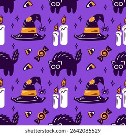 seamless pattern features whimsical witch hats, black cats, glowing candles, and an assortment of candies. Perfect for Halloween-themed designs, it adds a spooky yet fun touch to any project.