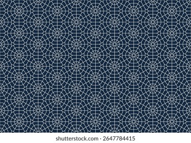 padrão sem costura apresenta linhas geométricas brancas formando intrincados desenhos em forma de estrela ou floco de neve dentro de uma grade hexagonal, ajustado contra um fundo azul escuro para um efeito impressionante, vetor.