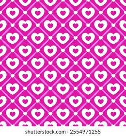 seamless pattern features white hearts within pink diamond shapes on a vibrant pink background, perfect for romantic and Valentine’s Day-themed designs