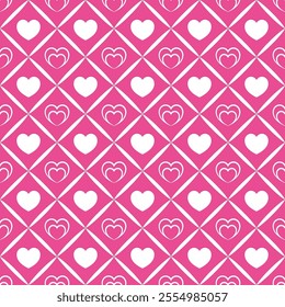 seamless pattern features white hearts on a pink background, arranged in a geometric diamond grid, perfect for Valentine's Day, romantic decorations, and stylish designs