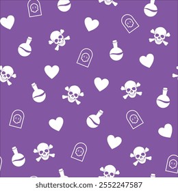 Das nahtlose Muster zeigt weiße Symbole von Schädeln mit Kreuzknochen, Tranktionsflaschen, Herzen und Grabsteinen auf violettem Hintergrund und erzeugt ein verspieltes und gespenstisches Halloween-Design