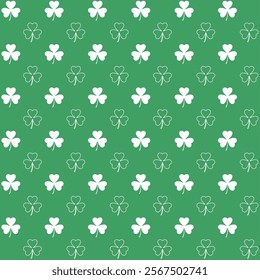 seamless pattern features white shamrocks on a green background, symbolizing luck and Irish heritage, perfect for St. Patrick's Day decorations and festive designs