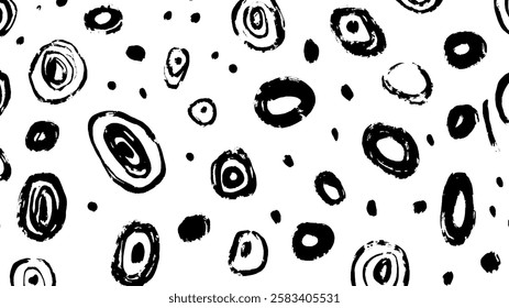 A seamless pattern featuring abstract black and white circular shapes on a white background. The design includes various sizes and styles of circles, creating a playful and artistic look.