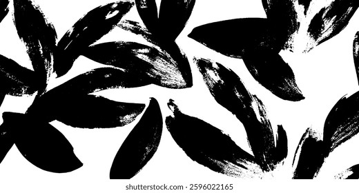 A seamless pattern featuring abstract black leaves on a white background, showcasing bold brush strokes and a modern artistic style.