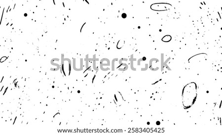 A seamless pattern featuring abstract black shapes and dots on a white background, creating a playful and artistic design.