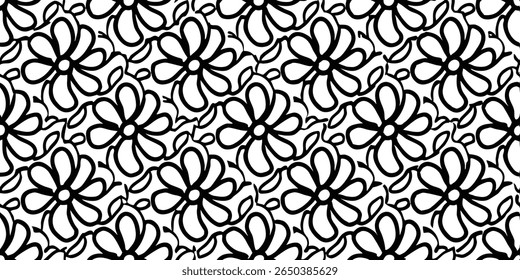 A seamless pattern featuring abstract, bold black floral elements and flowing leaf shapes. The high contrast design creates a striking visual.