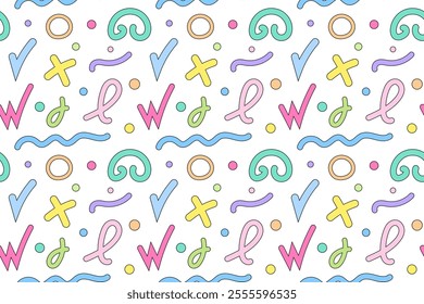 A seamless pattern featuring abstract colorful shapes, squiggles, and symbols in vibrant pastel tones.