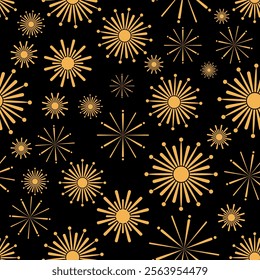 Seamless pattern featuring abstract fireworks in gold, radiating against a dark black background. Perfect for festive and elegant designs, New Year’s celebrations, and holiday decor. 