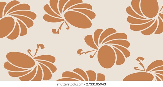 Un patrón sin fisuras con Formas florales abstractas con Elementos en capas en forma de pétalos en un tono marrón cálido, sobre un fondo claro, creando un diseño armonioso y orgánico.