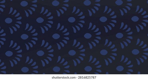 A seamless pattern featuring abstract floral shapes in varying shades of dark blue, with a central dot and radiating petal-like elements, creating a subtle and sophisticated design.