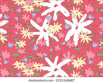 Seamless pattern featuring ABSTRACT FLOWERS, LEAVES, and BOTANICAL ELEMENTS on a vibrant red background. Decorative design for textiles, wallpapers, and packaging. Flat, vector, illustration