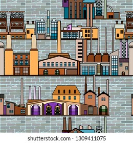 Seamless pattern featuring abstract industrial or technology  background with fictional factory silhouettes illustrating heavy industry, metallurgy or refinery. 