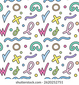 Seamless pattern featuring abstract pastel doodle shapes, squiggles, crosses, rings, checkmark, W-symbols, wavy lines, and confetti on a white background. Perfect for a woman makeup bag or backpack.