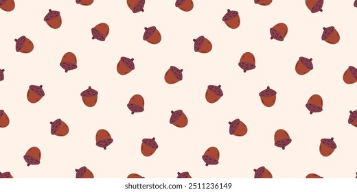 Seamless pattern featuring acorns in warm brown tones on a light beige background. Thanksgiving Day. Autumn design for seasonal crafts, wrapping paper, fabric designs, and other cozy projects.