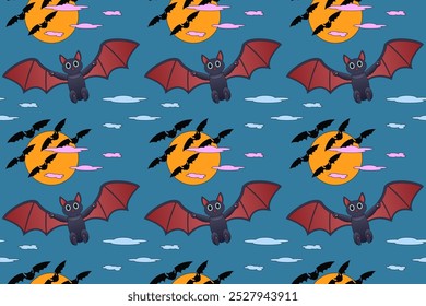 Seamless pattern featuring adorable bats flying under the moon, perfect for Halloween-themed backgrounds, decorations, and designs.