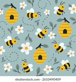 Seamless pattern featuring adorable bees, flowers and honeycombs on a pastel background. Cute cartoon style design perfect for spring, nature, or children's themes.