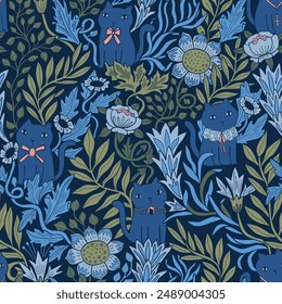 Seamless pattern featuring adorable blue victorian cats with floral elements. Perfect for textiles, wallpapers, and backgrounds. Timeless and charming design with intricate details.