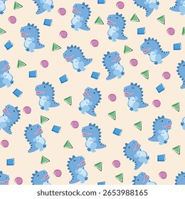 Seamless pattern featuring adorable blue cartoon T-Rex dinosaurs with colorful geometric shapes on a beige background. Perfect for kids’ products and playful designs