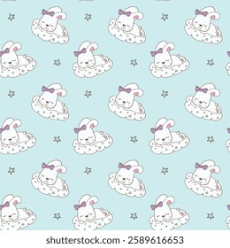 Seamless pattern featuring an adorable bunny with a purple bow sleeping on a fluffy cloud with stars, set against a pastel blue background-Vector illustration