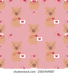 Seamless pattern featuring adorable capybaras holding love letters with heart symbols. Perfect for Valentine's Day, romantic designs, greeting cards, wrapping paper, textiles