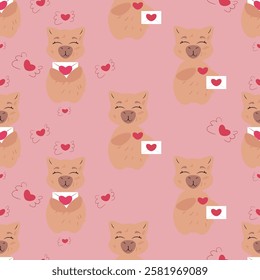 Seamless pattern featuring adorable capybaras holding love letters with heart symbols. Perfect for Valentine's Day, romantic designs, greeting cards, wrapping paper, textiles