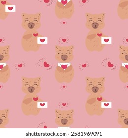 Seamless pattern featuring adorable capybaras holding love letters with heart symbols. Perfect for Valentine's Day, romantic designs, greeting cards, wrapping paper, textiles