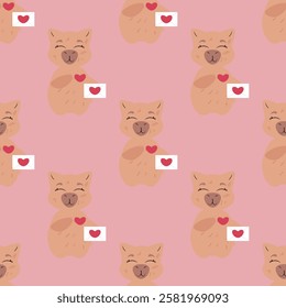 Seamless pattern featuring adorable capybaras holding love letters with heart symbols. Perfect for Valentine's Day, romantic designs, greeting cards, wrapping paper, textiles