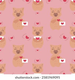 Seamless pattern featuring adorable capybaras holding love letters with heart symbols. Perfect for Valentine's Day, romantic designs, greeting cards, wrapping paper, textiles