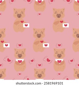 Seamless pattern featuring adorable capybaras holding love letters with heart symbols. Perfect for Valentine's Day, romantic designs, greeting cards, wrapping paper, textiles