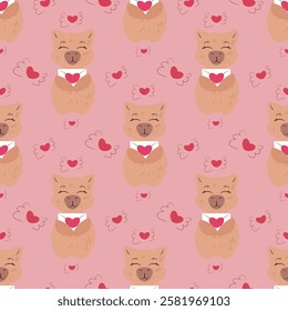 Seamless pattern featuring adorable capybaras holding love letters with heart symbols. Perfect for Valentine's Day, romantic designs, greeting cards, wrapping paper, textiles