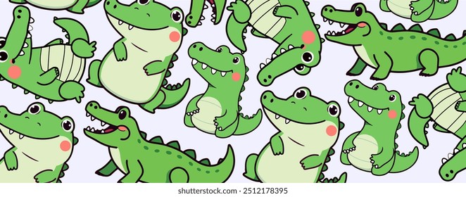 Seamless pattern featuring adorable cartoon crocodiles in various playful poses, perfect for children's designs, textiles, and backgrounds