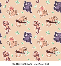 Seamless pattern featuring adorable cartoon monkeys of different types, surrounded by small green leaves on a beige background. Animal character illustration.