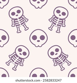 A seamless pattern featuring adorable cartoon-style skeletons in a fun and playful design. Perfect for Halloween decorations, kids' apparel, party invitations, wrapping paper