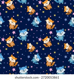 Patrón sin costuras con adorables zorros kawaii de estilo de dibujos animados flotando en un cielo nocturno azul oscuro, lo que lo hace ideal para textiles o papelería para niños.